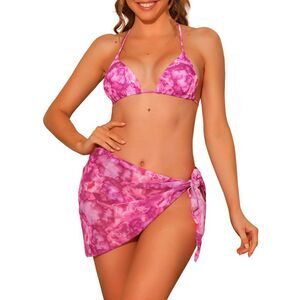 3 Piece Triangle Beach Skirt Sarong Cover Ups Tie Dye Bikini Sets Fuchsia